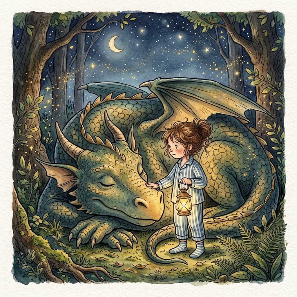 Un copil cu o lanternă alături de un dragon blând, într-o pădure de noapte